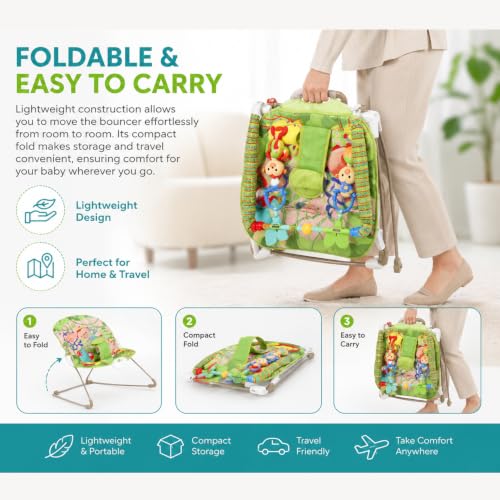 Image of Safe-O-Kid Sonora Baby Bouncer with 1 Year Warranty, Multi-Position Reclining with Vibrations, Safety Harness and Toy Bar- Green