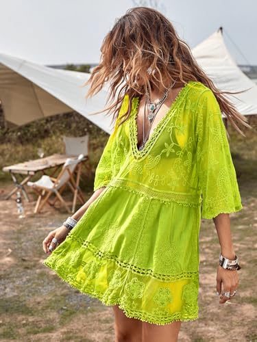 Image of Eomenie Women's Contrast Lace Bathing Suit Cover Up V-Neck Swimsuit Coverups Loose Swimwear Beach Dress Beachwear
