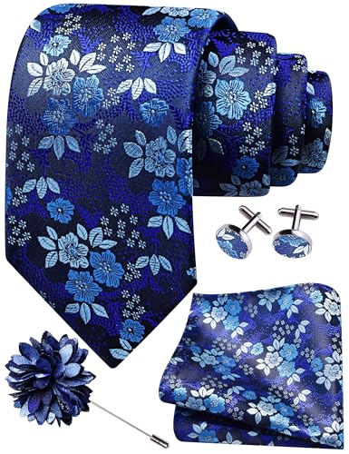 Image of GUSLESON 3.15 inch(8cm) Mens Floral Tie and Lapel Pin Necktie Hankerchief Cufflinks Set for Men