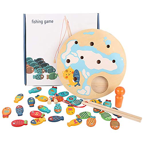 FAPPEN 2 in 1 Fishing Game, Fish Game Fishing Toys 30 PCS Wooden Magnetic Alphabet Letter Fishing Toys for 3 4 5 Year Old Girls Boys Kids Toddles Birthday Learning Educational Toys with Magnet Poles