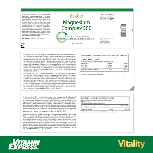 Magnesium 500 Komplex aus 7 verschiedenen Magnesiumverbindungen Citrat, Glycinat, Taurat, Gluconat, Oxid, Ascorbat, Malat (120 Kapseln) Magnesium Hochdosiert Vitality Nutritionals by VitaminExpress
