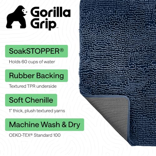 Image of GORILLA GRIP SoakSTOPPER Dog Door Mat, 70x24 Machine Washable Rug Absorbent Doormat Captures Moisture Mud Dirt, Quick Dry Soft Chenille Entryway Rugs Indoor Entrance Mats for Dog Paws, Navy Blue