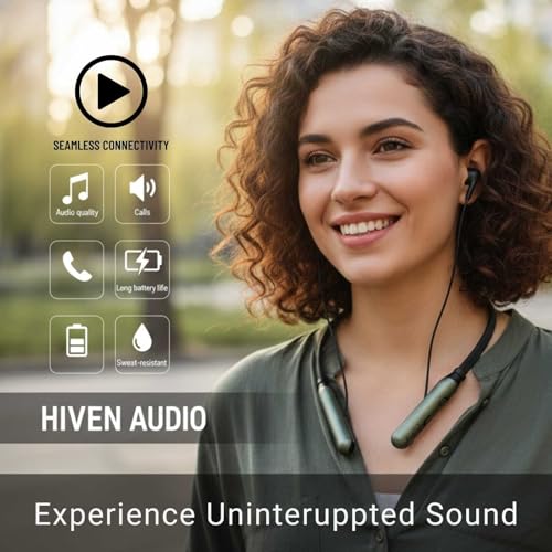Image of HIVEN Neckband Bluetooth Earphones Upto 120 Hours | 13mm Dynamic Driver | Soft Silicone Eartips | Adjustable Fit | Bluetooth Neckband, Wireless with Mic in Ear Earphones (Green)