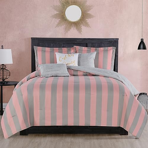 Image of Juicy Couture Cabana Stripe Reversible Bedding Set - Twin /Twin XL Size - Pink and Grey Stripe Print - 5 Piece Set - Includes 1 66 x 90 Comforter, 3 Decorative Pillows, 1 Sham