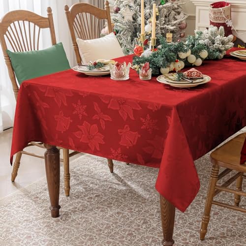 Softalker Christmas Jacquard Tablecloth, Winter Vintage Damask Rectangle Table Cover, Waterproof Poinsettia Snowflakes Polyester Table Cloths Decor for Holiday, Dining, Party - 60 x 84 inch, Red – Image 2