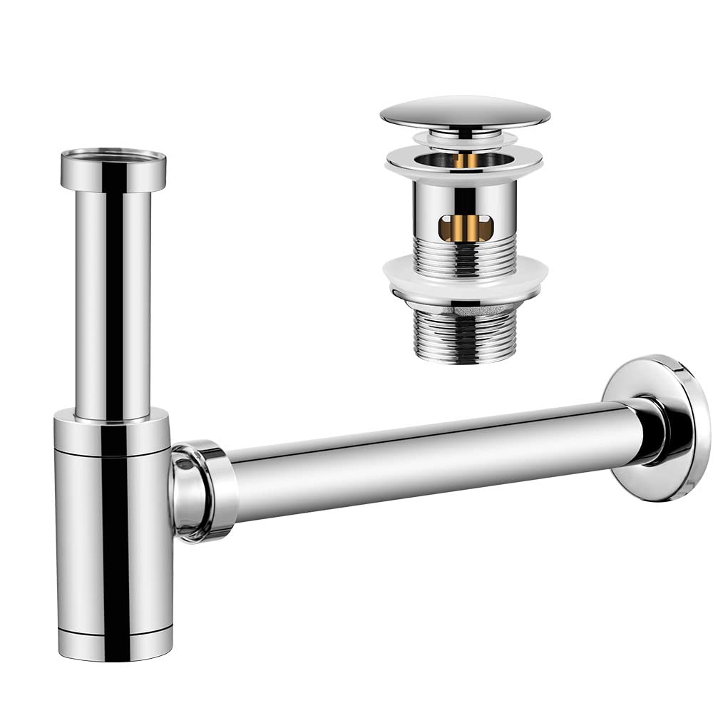Sifone pop up valvola di scarico con troppopieno, design universale, sifone a tubo con apertura di pulizia, tubo di immersione regolabile, cromato