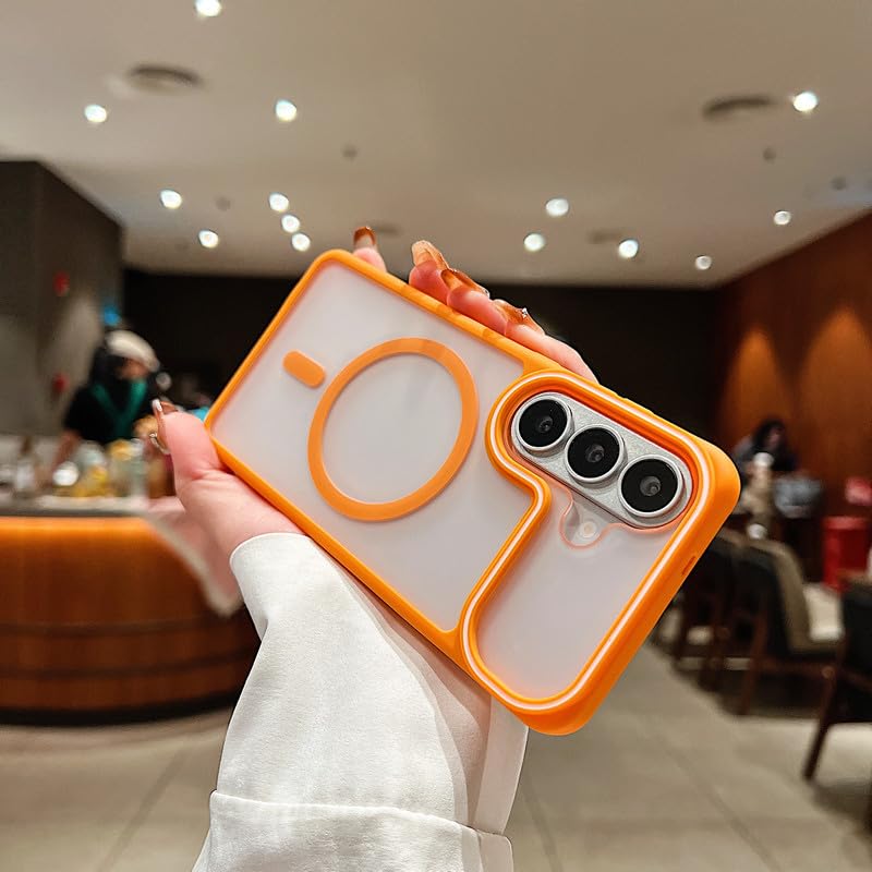 Image of LuxuryKase Frosted Clear MagSafe Case for Samsung Galaxy S26 | Translucent Matte Back | Soft TPU Bumper + Hard PC Back | Raised Camera Protection | Wireless Charging Compatible - Orange