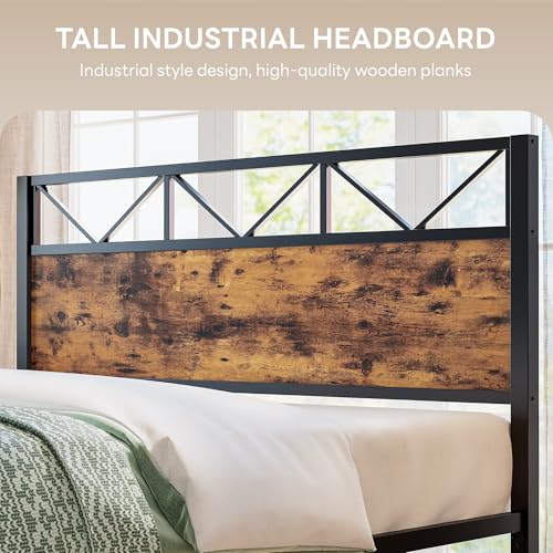 Image of LIKIMIO California King Bed Frame, Tall Industrial Headboard 51.1 inch, Platform Bed Frame with Strong Metal Support, Solid and Stable, Noise Free, No Box Spring Needed, Easy Assembly, Vintage Brown