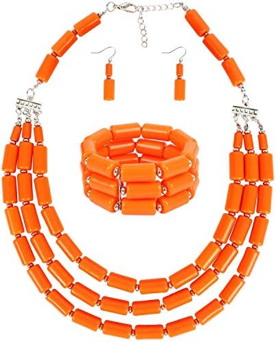 Chamvino Bohemian style multilayer beaded Necklace + Earrings + Bracelet set for Women's and girls gifts（Orange）