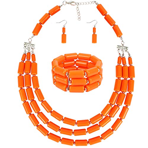 Fodattm Multi Layer Handmade Bead Strand Cluster With Necklace Bracelet And Earrings Set For Women Lady Acrylic Beads Statement Strand Necklaces (Orange) #TOP11