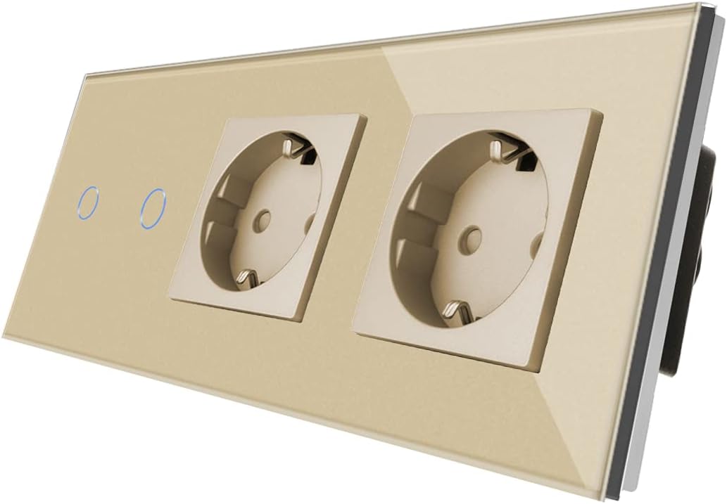 N'akuku view of the CNBINGO Smart Touch Wi-Fi Switch with Double Schuko Socket, showing the touch buttons and two power outlets.