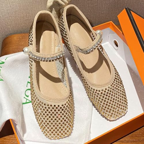 WENJIAZHIZHI Women's Pearl Mary Jane Flats Crystal Square Toe Ankle Buckle Dressy Ballets Flat Shoes Mesh Dress Ballerian Flats3