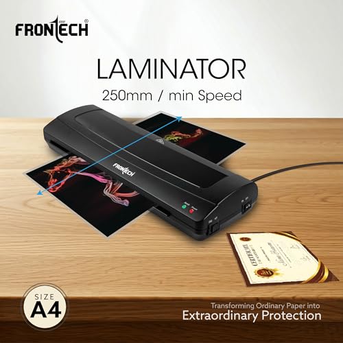 Image of FRONTECH A4 Laminator, Hot & Cold, 250mm /min, Bubble-Free, Portable for Office, School & Home, Supports 80 /125 Mic Pouches (LAM-0004 Black)