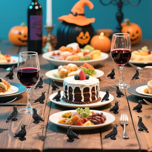 Image of JUNEBRUSHS 50 Pcs Black Mini Resin Crow Halloween Table Decorations