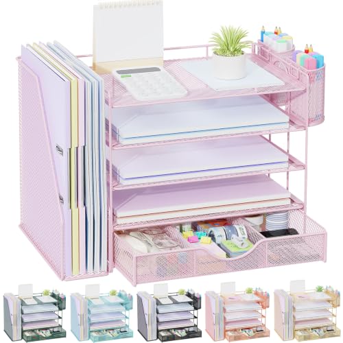Image of gianotter 5-Tier Desk Organizer with Drawers and File Holders | Letter Trays and Pen Holders - Workspace Accessories for Office Supplies (Pink)