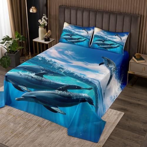 Cute Dolphin Bedspread Set Queen Size for Kids,Boys Girls Dolphin Jumping Quilt Set Sea Animals Bedspread Coverlet Blue Ocean Wave Bedspread 3 Piece Decorative Bedding Quilted with 2 Pillow Shams