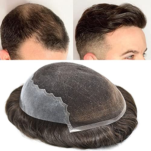 Toupee for Men Hair Replacement System Swiss Lace Front Mens toupee Bleached Knot Human Hair Gray Brown Black Blonde Men Hair Piece 8x10-90% Light Density, 3# Dark Brown
