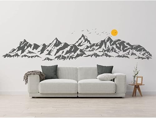 Miniatura 2 de NOBRIM Calcomanía de pared de montañas grandes con calcomanías de sol y pájaros, mural de pared para dormitorio, decoración de pared para despegar y