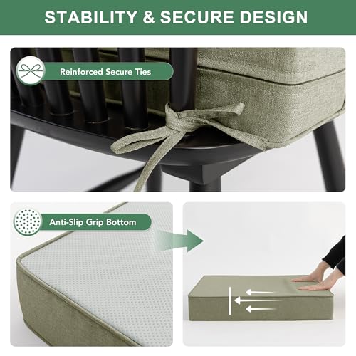 Image of Summsun Water Resistant Outdoor Chair Cushions, Faux Linen Backrest and Seat Cushion Set with Ties, Removable Cover, Non-Slip Bottom for Patio Furniture, 19 x 19 Inch, Mocca Green, Set of 4