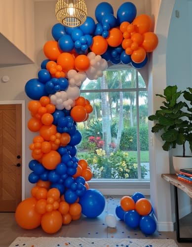 Image of Blue and Orange White Balloon Arch Kit, 145Pcs Royal Blue Orange WhiteBalloon Garland kit, Different Size Balloons for Girl Birthday Anniversary Baby Shower Graduation Prom Party Decorations