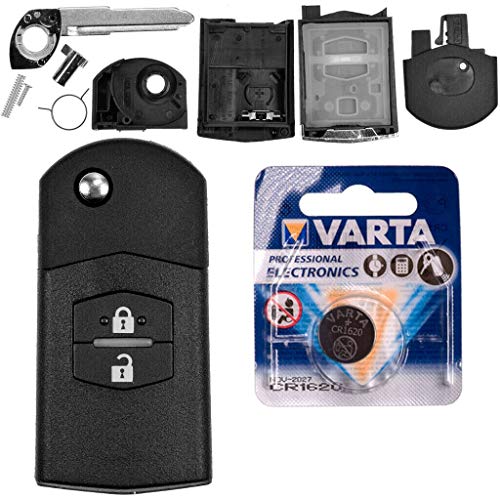 Autoschlüssel Funk Fernbedienung Austausch Gehäuse mit 2 Tasten + Rohling + Batterie kompatibel mit Mazda 5 CW 2 DE 3 BK 6 SW BT-50 CX-9 CX-7 B