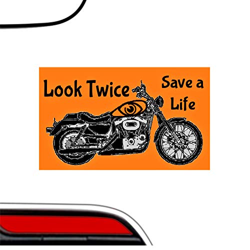 Look Twice Bumper Sticker ~ Save A Life Stickers - Premium Large Motorcycle Decal ~ New Safety Orange Save A Life Sticker ~ Lg Heavy Duty Biker Caution Decals For Cars Windows Computers 5" X 3" Inch #TOP3