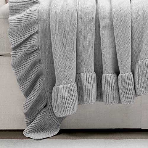 Image of Lush Decor Reyna Soft Knitted Ruffle Throw Blanket, 50 inch W x 60 inch L, Light Gray - Modern Farmhouse Ruffle Blanket - Cozy Chic Blanket For Bed, Couch, or Chair