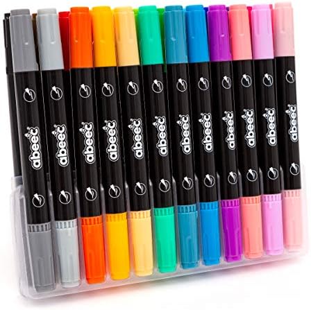abeec 24 Felt Tip Pens - 24 x Dual Tip Felt Tips in Assorted Colours  Thick Brush Marker and Thin Felt Tip  Colouring Set for Children  Permanent Markers & Marker Pens