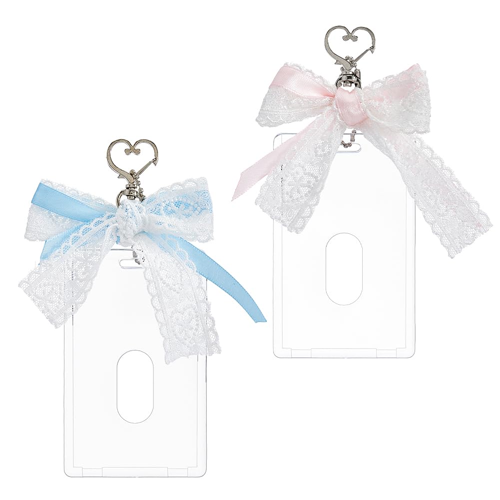 SUPERFINDINGS 2Pcs Acrylic Photocard Holder 4.1x2.6inch Photocard Holder Clear ID Badge Holders with Lace Bow Cute Card Pendant with Alloy Swivel Clasps for Cards