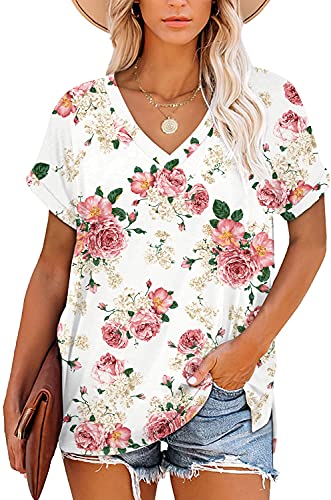 Angerella Floral Tops for Women Casual Summer Vneck Tshirt Rose Printed Tee Shirts Short Sleeve Blouses XL