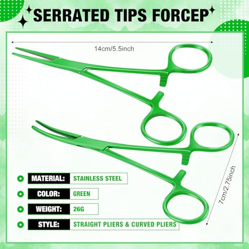 Image of BBTO Hemostat Curved and Straight Hemostat Forceps Piercing Pliers Forceps, Stainless Steel Straight and Curved Pliers, Fishing Tweezer(Green,2 Pcs)