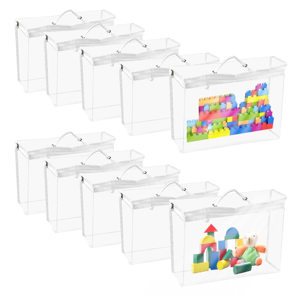 Vurixfo Transparent 10 Pcs Toy Storage Bags With Zipper, Pvc Toy Organizing Bag Waterproof Storage Bag Large Clear Zip Bags With Handle For Building Blocks Puzzles Toys, 40X30x10cm