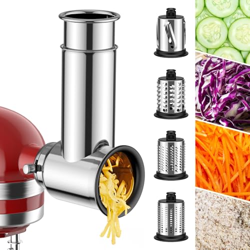 Stainless Steel Slicer Shredder Attachment for KitchenAid Stand Mixers, For KitchenAid Cheese Grater Attachment, Salad Maker, Grinding Powder, Dishwasher Safe with 4 Blades