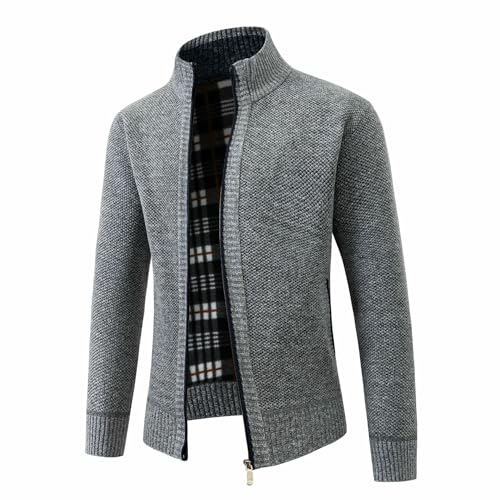 Autumn Winter Men's Stand Collar Fleece Lined Thick Knit Cardigan2