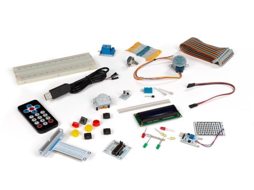 Whadda Zestaw do budowy Raspberry Pi® z płytką stykową bez lutowania, modułem LCD, płytką rozszerzeń GPIO, odbiornikiem podczerwieni, silnikiem krokowym, rezystorami, diodami LED, czujnikami, pilotem,