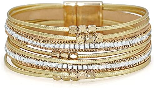 Wovanoo Leather Wrap Bracelets for Women Multi-layer Handmade Wristband Braided Rope Cuff Bangle Gift for Birthday, Monther's Day, Valentine's Day Crystal Gold