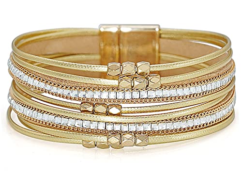 Wovanoo Leather Wrap Bracelets For Women Multi-Layer Handmade Wristband Braided Rope Cuff Bangle Gift For Birthday, Monther's Day, Valentine's Day Crystal Gold #TOP30