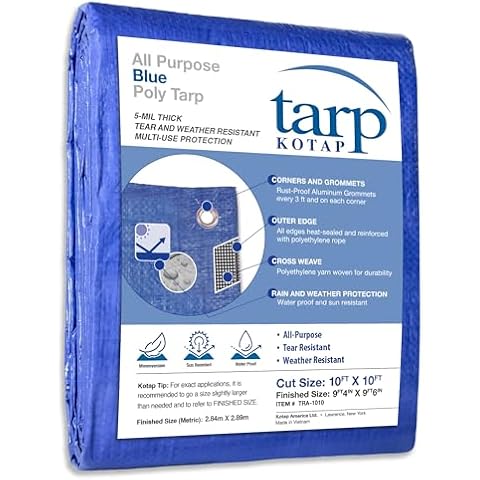 Kotap 10 x 10 Ft. All-Purpose Multi-Use Protection/Coverage 5-mil Poly Tarp, Waterproof, Blue, 1-Pack (TRA-1010) Cover