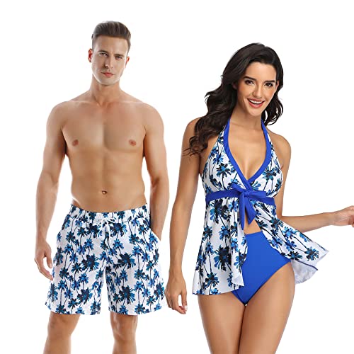 Couples Matching Swimsuit Blue Coconut Trees/Black Leopards Tankini Set & Swim Trunks His and Her Swimwear