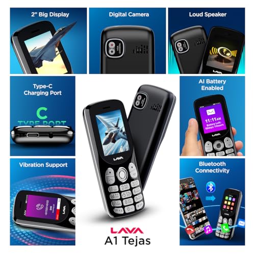 Image of Lava A1 Tejas Dual SIM Keypad Phone with 2'' Big Display | Long-Lasting AI Battery | Type C USB Port | Vibration Alert | FM Radio & MP3 Player | Military-Grade Durability - Black