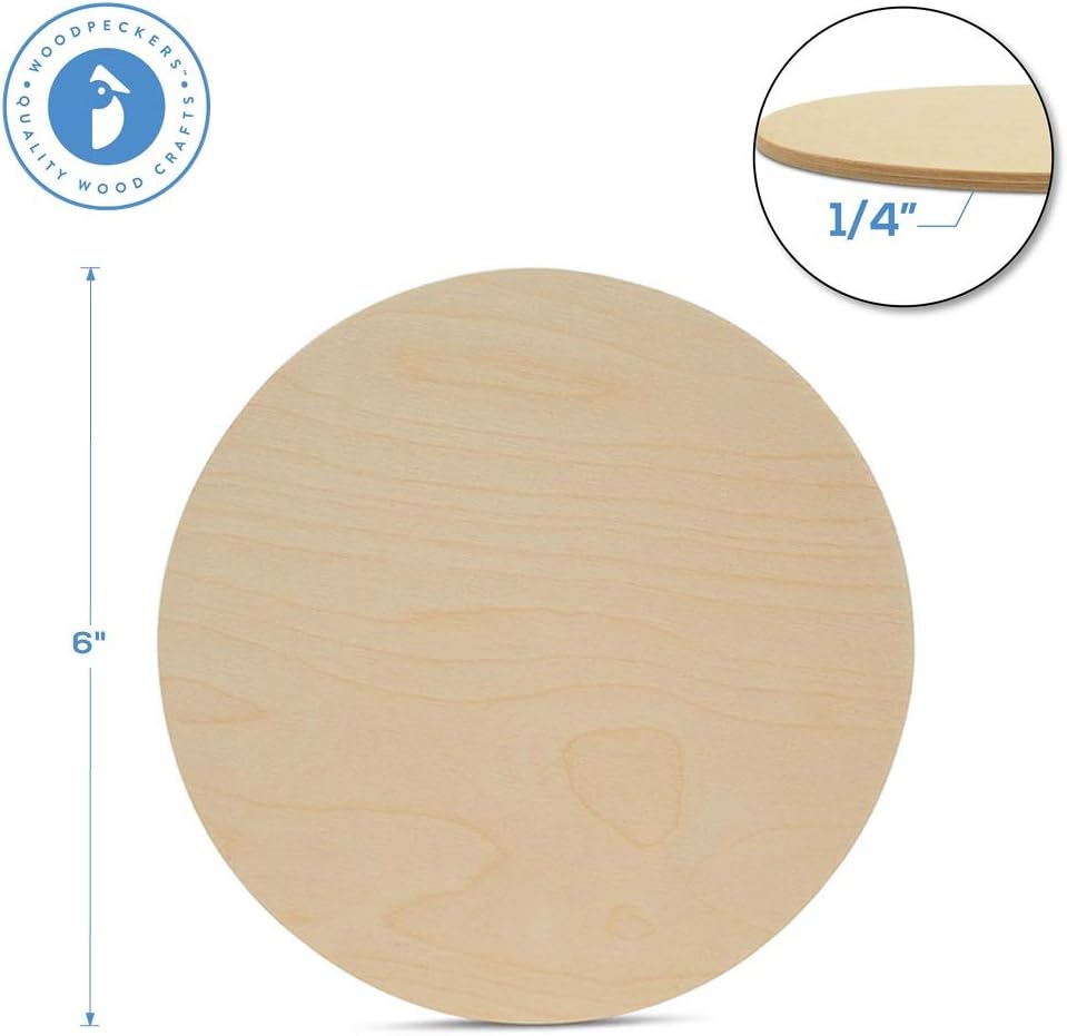 Wood Circle Disc 6 inch Diameter, 1/4 inch Thick, Birch Plywood, 10 Piece Pack of Unfinished Round Wooden Circles for Crafts by Woodpeckers