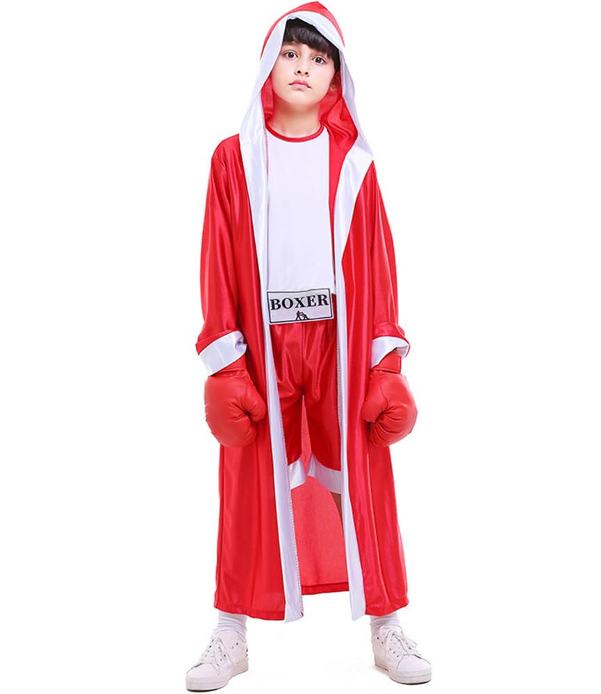 ZNLFS Children Boxing Costume Halloween Fancy Dress Role Playing Uniform Carnival Boxer Sport Jumpsuit and Robe for Kids (Red