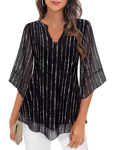 ACDAY Blusas para mujer, con volantes, manga 3/4, cuello en V, chifón, túnica de gasa de doble capa, camisas de malla fluida, negro, blanco, 3XL