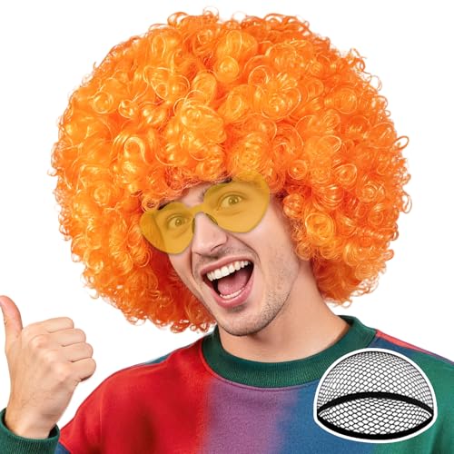 PLULON Orange Afro Wig with Heart Sunglasses for Women Men Colored Short Fluffy Curly Funny Party Afro Wigs 70s 80s Disco Hair for Disco Birthday Bachelor Halloween Party Cosplay Costume
