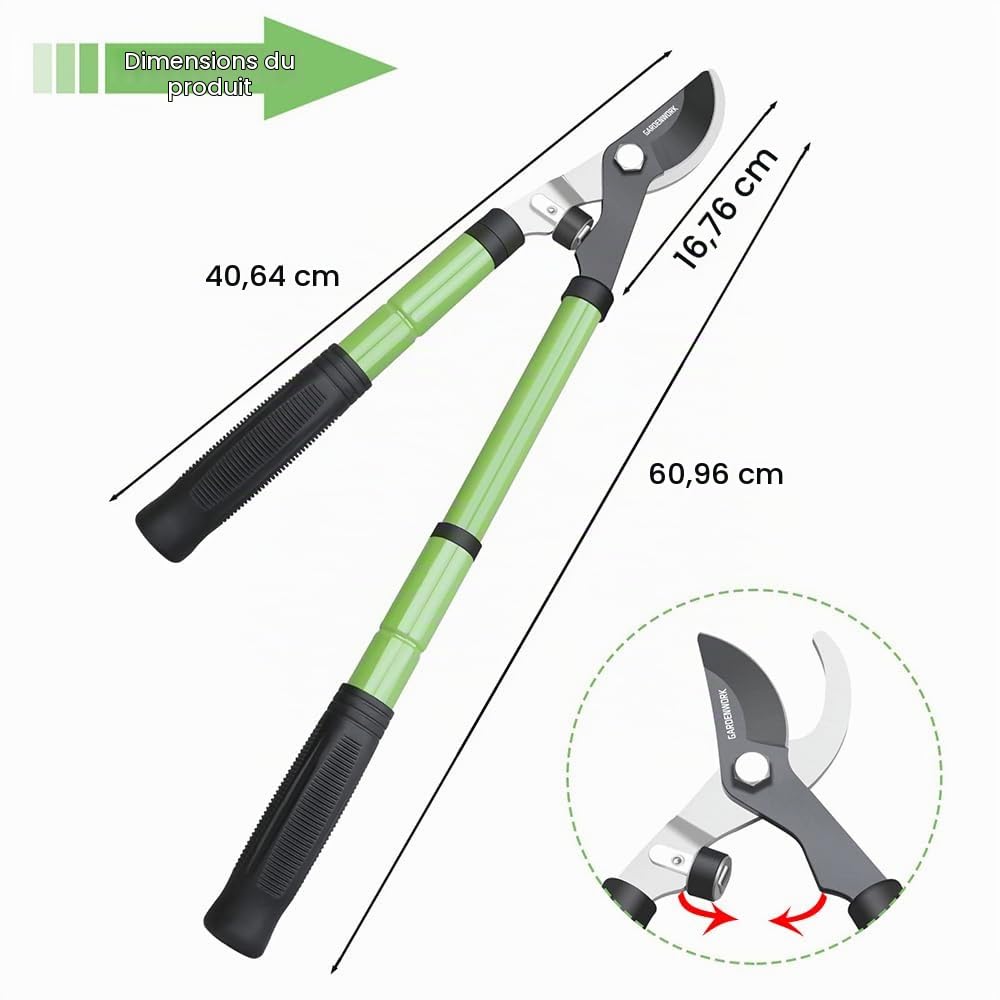 GARDENWORK Coupe-branches extensible avec action composée, 43,2 à 58,4 cm, lame tranchante SK5 pour couper des arbustes et des branches de 5,1 cm
