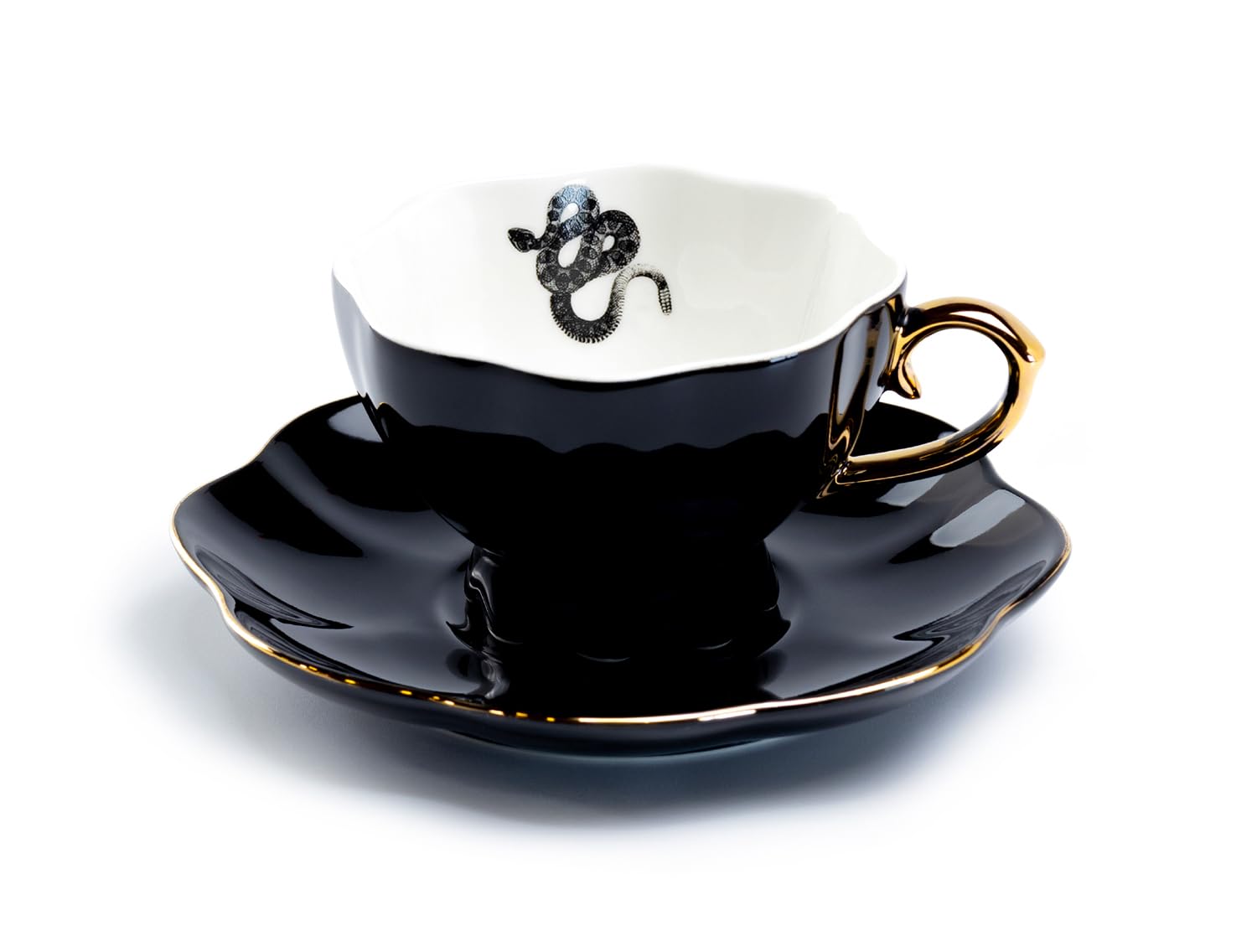 Grace Teaware Snake Black Fine Porcelain Tea Cup and Saucer with Hand Painted Gold Trim, Spooky
