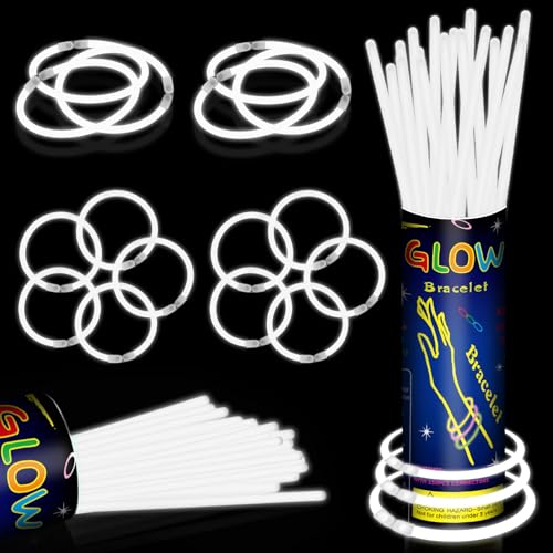 100 Pack 8 White Glow Sticks Bulk - Glow Necklaces & Bracelets with Connectors Bright Neon Glow in The Dark Party Favors Supplies for Christmas Halloween Birthday 4th of July New Year Wedding