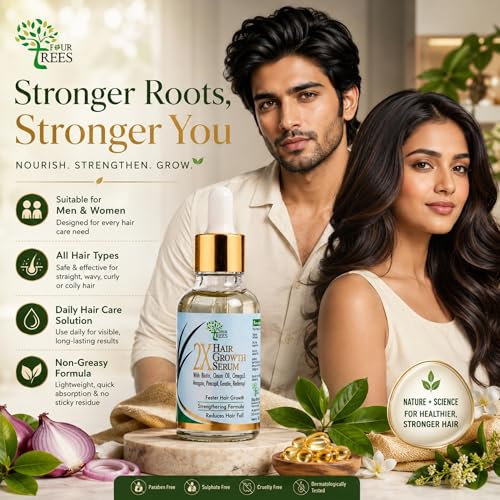 Image of Four Trees 2X Hair Growth Serum | Faster Hair Growth & Reduces Hair Fall | With Biotin, Redensyl, Onion Oil | For Men & Women | 30 ml
