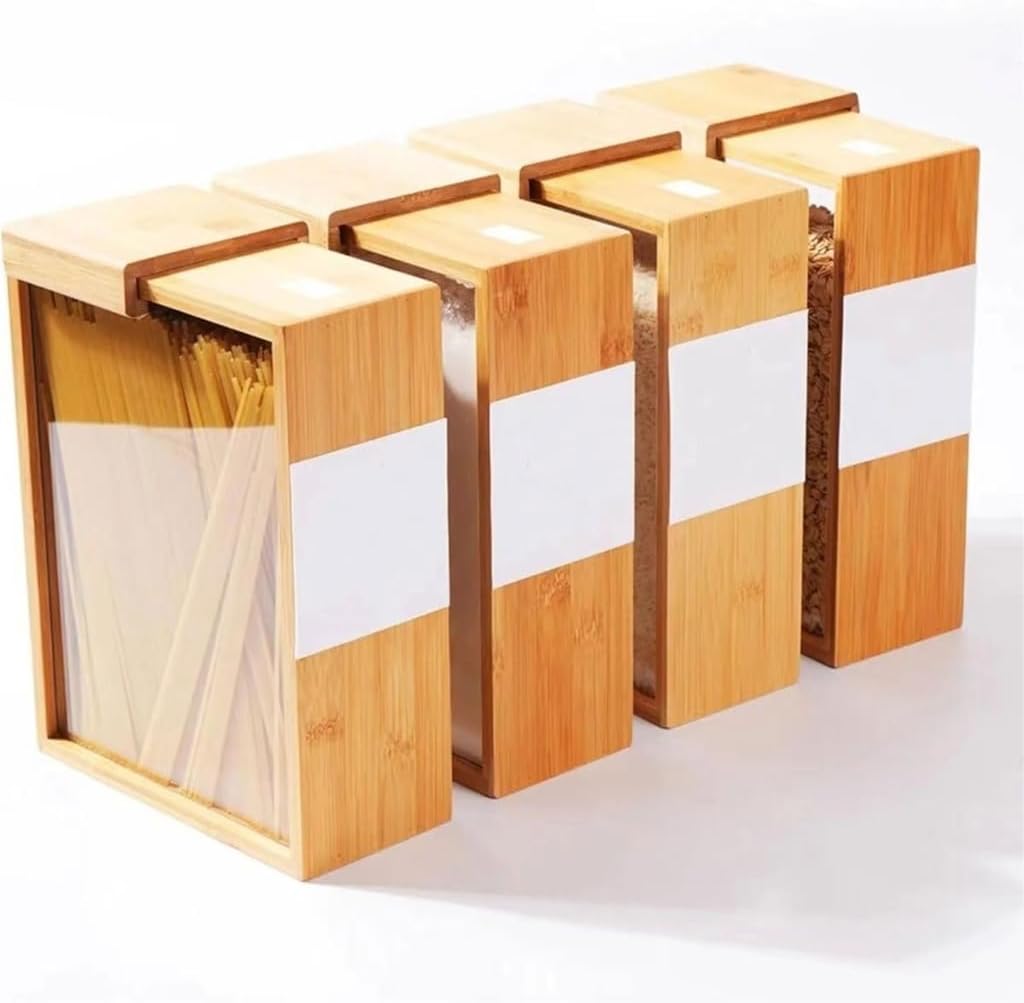 Sliding Lid Cereal Dispenser Bin Bamboos Food Storage Container Dry Food Organizer For Countertop Cabinet Storage