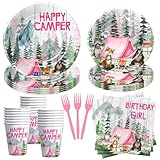 YJRJSC Camping Party Decorations Tableware Girl - Happy Camper Camping Birthday Party Supplies, Paper Plate, Cup, Napkin, Disposable Fork, for Adventure Birthday Table Decorations | Serves 24